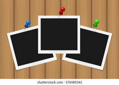 Set of square frames on pins with shadows on brown wooden texture. Vector illustration