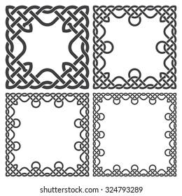 Set of square frames, rectangular patterns. 4 decorative elements for design with stripes braiding borders. Black lines on white background.
