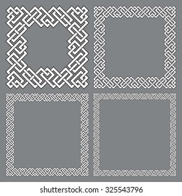 Set of square frames, rectangular patterns. 4 decorative elements for design with stripes braiding borders. White lines with black strokes on gray background.