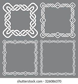 Set of square frames, rectangular patterns. 4 decorative elements for design with stripes braiding borders. White lines with black strokes on gray background.