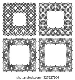 Set of square frames, rectangular patterns of different sizes. 4 decorative elements for design with stripes braiding borders. Black lines on white background.