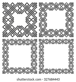 Set of square frames, rectangular patterns of different sizes. 4 decorative elements for design with stripes braiding borders. Black lines on white background.