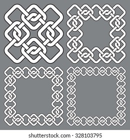 Set of square frames, rectangular patterns. 4 decorative elements for design with stripes braiding borders. White lines with black strokes on gray background.