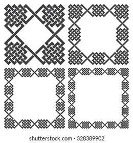 Set of square frames, rectangular patterns. 4 decorative elements for design with stripes braiding borders. Black lines on white background.