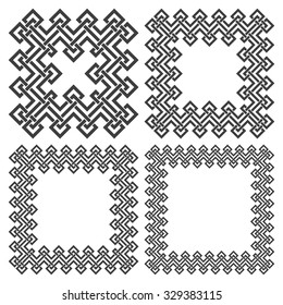 Set of square frames, rectangular patterns. 4 decorative elements for design with stripes braiding borders. Black lines on white background.