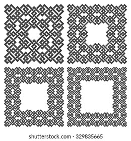 Set of square frames, rectangular patterns. 4 decorative elements for design with stripes braiding borders. Black lines on white background.