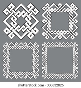 Set of square frames, rectangular patterns. 4 decorative elements for design with stripes braiding borders. White lines with black strokes on gray background.