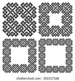 Set of square frames, rectangular patterns. 4 decorative elements for design with stripes braiding borders. Black lines on white background.