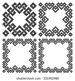 Set of square frames, rectangular patterns. 4 decorative elements for design with stripes braiding borders. Black lines on white background.