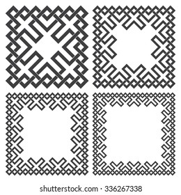 Set of square frames, rectangular patterns. 4 decorative elements for design with stripes braiding borders. Black lines on white background.