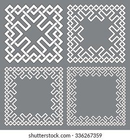 Set of square frames, rectangular patterns. 4 decorative elements for design with stripes braiding borders. White lines with black strokes on gray background.