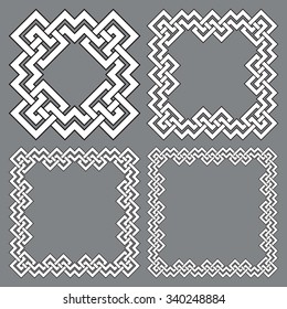 Set of square frames, rectangular patterns. 4 decorative elements for design with stripes braiding borders. White lines with black strokes on gray background.