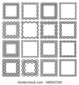Set of square frames. Rectangular patterns. Sixteen decorative elements for design with entwined strips borders. Squares of black lines on white background.