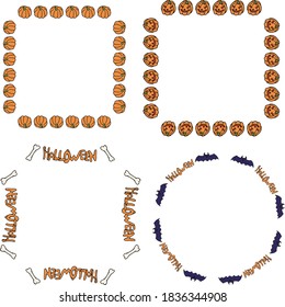 Set with square frames and round frame with halloween elements on white background. Vector image.