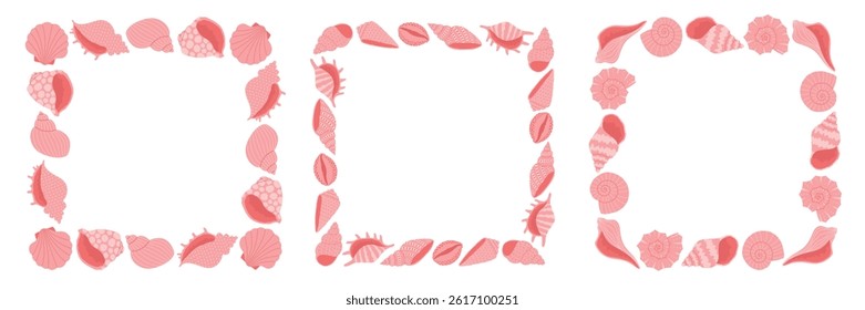 Set of square frames with seashells in pink colors. Design elements for print, sticker, greeting card and invitation. Isolated vector illustration
