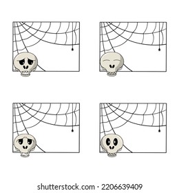 A set of square frames with a spider web and a small spider, different skull emotions, copy space, vector illustration in cartoon style