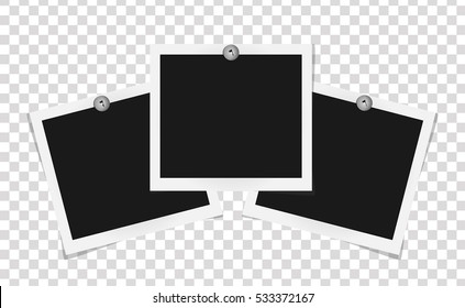 Set of square frames template on metal pins with shadows isolated on transparent background. Vector illustration