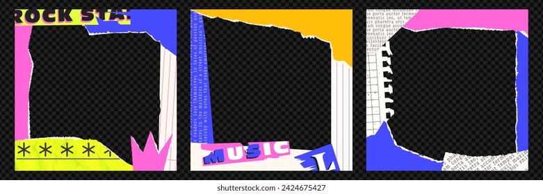 A set of square frames from torn paper, magazine clippings, sheets. Brightly colored frames for photos, social media posts and more. Contemporary vector design.