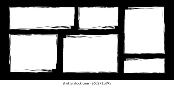 Set of square frames with white Grunge brush edges. Grunge rectangle shape silhouettes collection. Textured grunge element bundle for collage, text box, banner, sticker. Vector illustration