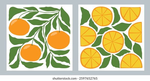 Set of square fruit posters in minimalist style. Modern botanical print with hand drawn tangerines, orange slices and leaves. Vector illustration