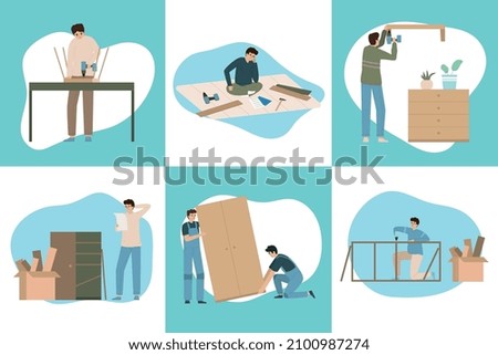 Set with square furniture assembly flat compositions with human characters holding scheme moving parts of cabinet vector illustration