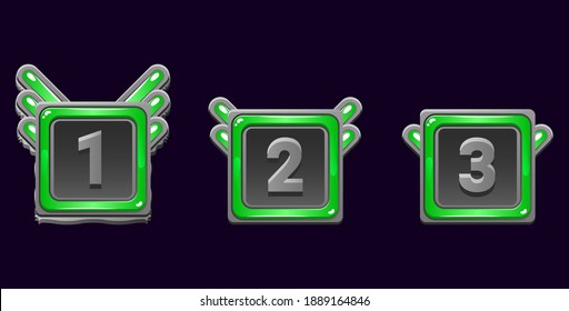 set of square game ui jelly frame awards medals with grade and stone rock border for gui asset elements vestor illustration