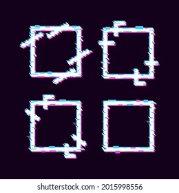 set of square geometric glitch effect frame design with blue and violet color