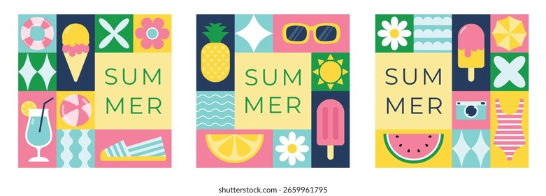 Conjunto de Anuncios de verano geométricos cuadrados en estilo minimalista plano. Plantilla para tarjeta, cartel, volante y redes sociales. Ilustración vectorial