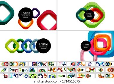 Set of square geometric vector abstract backgrounds, dynamic modern minimal templates. Multicolored square shapes with round corners overlapping each other