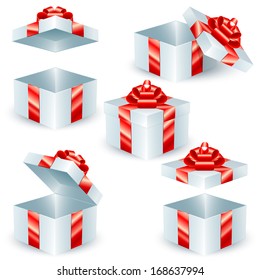 Set of square gift boxes with red satin ribbons and bows; Eps8