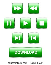 Set of square glass green buttons on a white background. Isolated objects, vector illustration
