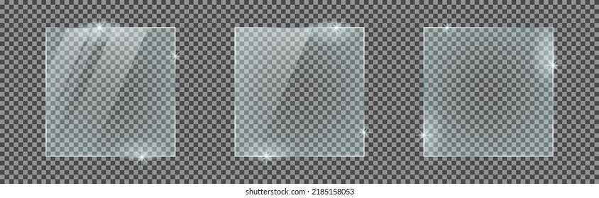 Set of square glass plates isolated on a transparent background. Vector glass with reflection and lights effects