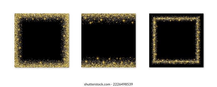 Set of square glitter gold frames with sparkles. Templates for Christmas and New Year design