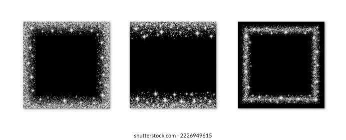 Set of square glitter silver frames with sparkles. Templates for Christmas design 