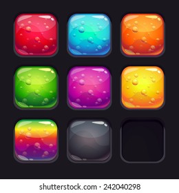 Set of square glossy elements for game or web design. Colorful glassy buttons with bubbles