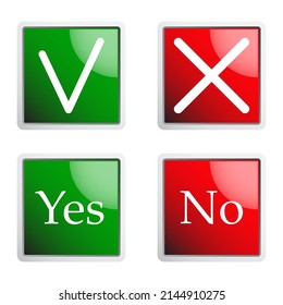Set of square glossy yes and no buttons for interface. Check marks and crosses for the menu. Vector illustration isolated on white background