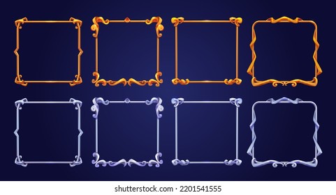 Juego de marcos de juego cuadrados de oro y plata ui con decoración de metal fundido. Ilustración vectorial de los brillantes bordes de color amarillo y gris aislados en el fondo. Conjunto de elementos gui de estilo medieval