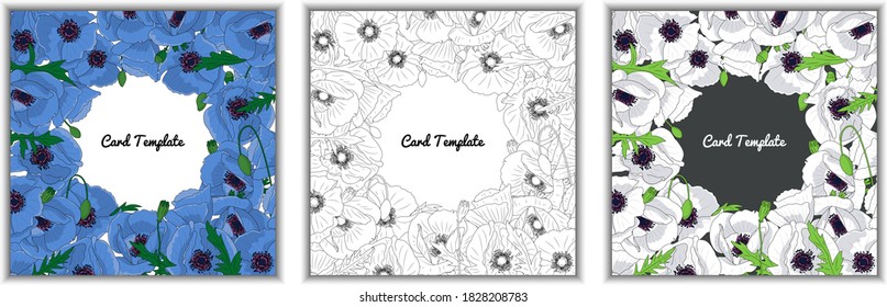 Conjunto de plantillas cuadradas de tarjetas de felicitación con marco de flores de amapola coloreadas y monocromas dibujadas a mano. Ilustración vectorial.