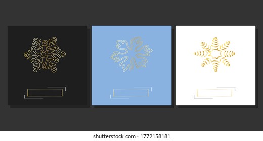 Set of square greeting cards 2021 Happy New Year. Collections black, blue,white design with snowflakes and frames for invitations, party,holidays and business with space for text,logo,name of company