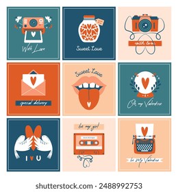 Conjunto de tarjetas de felicitación cuadradas, Anuncios para el día de San Valentín. Ilustraciones de dibujos animados con carta de amor, cinta de cassette, máquina de escribir, labios abiertos, lengua fuera, bola mágica, pájaros blancos, corazón, tipografía.