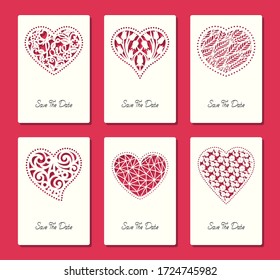 Set of square greeting cards with carved openwork hearts with floral and geometric patterns. Wedding gift, invitation or congratulation. Template for plotter cutting out of paper. Vector illustration.