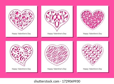 Conjunto de tarjetas de saludo cuadrado con corazones de apertura tallados con patrones florales y geométricos. Regalo, invitación o felicitación por el Día de San Valentín. Plantilla para el corte de papel del trazador. Vector.
