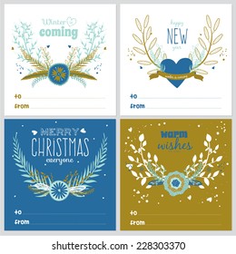 Set of square greeting cards with Christmas and New Year greeting romantic flower labels, ribbons, hearts, wreaths, laurel. Good for winter cards or posters. Wrapping. Brown paper. Scrapbooking
