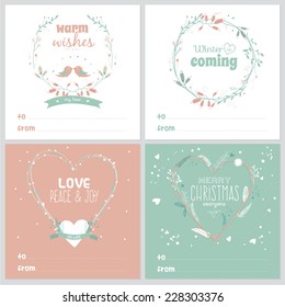 Set Of Square Greeting Cards With Christmas And New Year Greeting Romantic Flower Labels, Ribbons, Hearts, Wreaths, Laurel. Good For Winter Cards Or Posters. Wrapping. Brown Paper. Scrapbooking