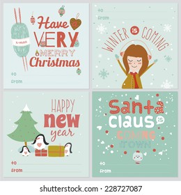 Set of square greeting cards with Christmas and New Year Calligraphic And Typographic Background. Greeting stylish illustration of winter elements. Good for design, cards or posters. Scrapbooking.