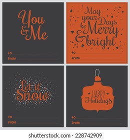 Set of square greeting cards with Christmas and New Year Calligraphic And Typographic Background. Greeting stylish illustration of winter wishes. Good for design, cards or posters. 