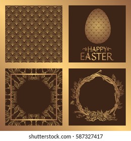 Set square greeting cards for Easter. Flyers with a gold pattern on a chocolate background.