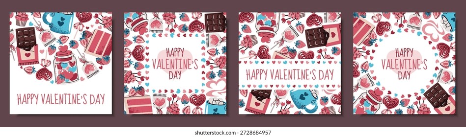 Conjunto de tarjetas de felicitación cuadradas con dulces, pastel, chocolate, fresa, dulces y corazones. Día de San Valentín, boda, aniversario, celebración de amor. Concepto de colección dulce. Para el Anuncio, cartel, marco.