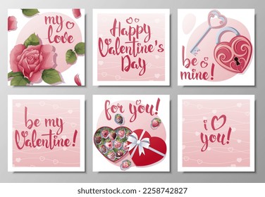 Set of square greeting cards for Valentine's day. A rose, a box of chocolate-covered strawberries, a heart-shaped lock. Poster, banner, flyer with handwritten congratulations