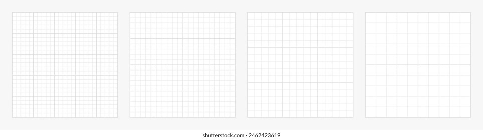 Set of square grid background with empty space. Design of square graph paper, school math sheet, grid paper sheet, notebook pattern, architectural graph paper. Vector illustration.